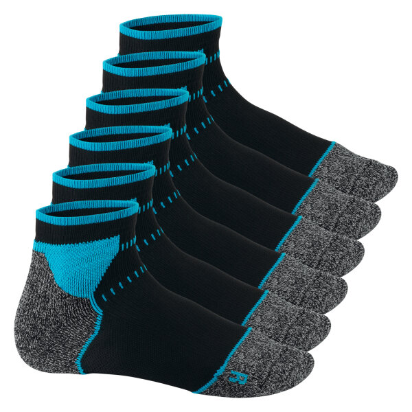 Footstar Damen & Herren Funktions Sport Socken (6 Paar), Gepolsterte Laufsocken - Schwarz-Blau 43-46