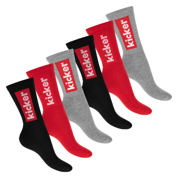 kicker Damen & Herren Crew Socks (6 Paar) Schwarz Rot Grau 35-38