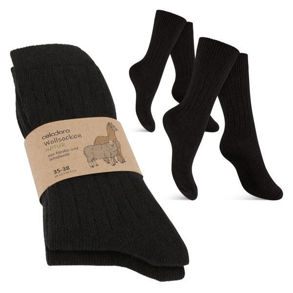 Celodoro Damen & Herren Natur Wollsocken mit Alpaka (2 Paar) - Schwarz 39-42