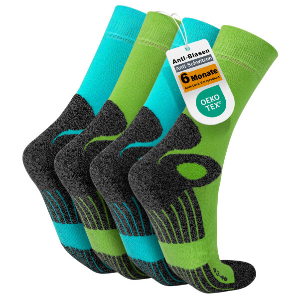 Celodoro 4 Paar Wandersocken, Arbeitssocken & Sportsocken (35-38, hellblau-grün) - verstärkte Unisex Socken für Damen & Herren - atmungsaktive Anti-Schweiß Funktionssocken für Sport, Wandern, Arbeit