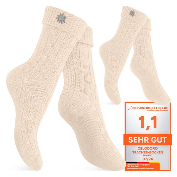 Celodoro Damen und Herren Trachten Socken (2 Paar) mit Edelweiß-Pin Oktoberfest Strümpfe - Weiß 35-38