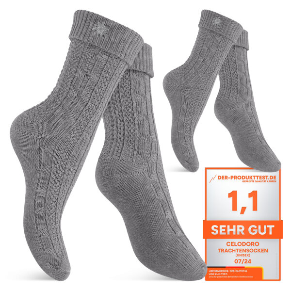 Celodoro Damen und Herren Trachten Socken (2 Paar) mit Edelweiß-Pin Oktoberfest Strümpfe - Grau 35-38