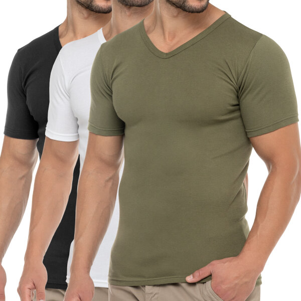 Celodoro Herren Business T-Shirt V-Neck (3er Pack) - Olive Weiß Schwarz M