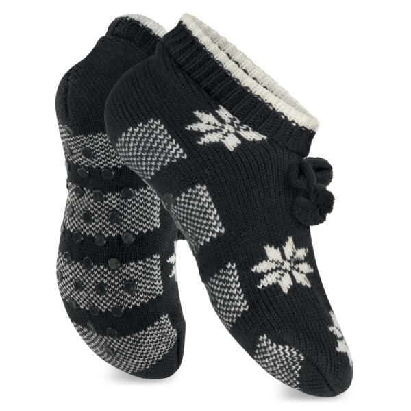 Celodoro Damen Norweger Strick Socken für Zuhause (1 Paar) Hüttensocken mit ABS-Sohle - Schwarz 35-38