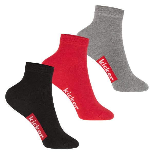 kicker Kinder Kurzschaft Socken (3 Paar) Schwarz Rot Grau 31-34