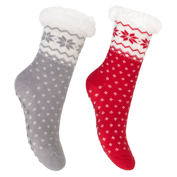 Footstar Damen und Herren Winter Haussocken (2 Paar) Kuschelsocken - Grau-Rot 35-38